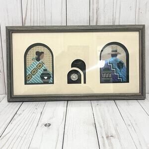 Vintage Southwestern Needlepoint Textile Framed Wall Art Peace Pipe & Bowl